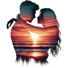 the silhouette of two people in front of an orange and blue sunset, with their arms around each other