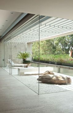 a glass walled room with a large wooden object on the floor and plants in it