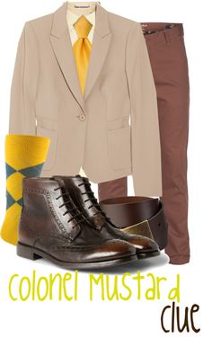 a man's outfit is shown in brown and yellow