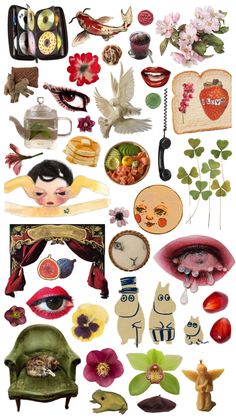 a collage of various items and flowers on a white background