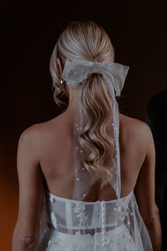 the back of a bride's dress with a veil on her head