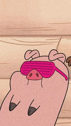 a cartoon pig with sunglasses on its head and another person in the background looking at it