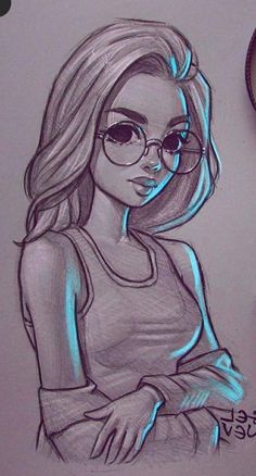 a pencil drawing of a woman with glasses