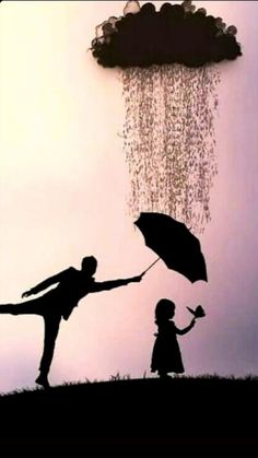 two people holding hands under an umbrella in front of a cloud with rain coming from it