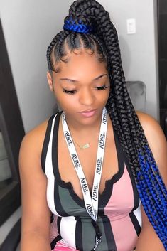 Blue And Black Braids, Feed In Braids Ponytail, Blue Braids, Trendy We Fryzurach, Blue Ombre Hair, Braided Hairstyles For Black Women Cornrows, Kanekalon Hairstyles