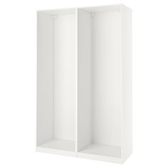 a white closet with two doors and shelves