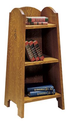 a wooden book shelf with three shelves and books on top of each shelf, holding several books