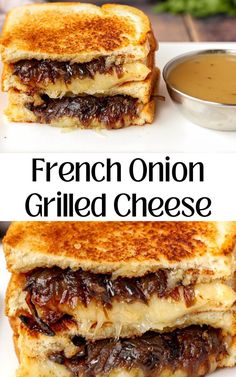 french onion grilled cheese sandwich on a white plate