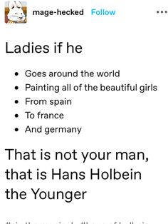 the text on this page says ladies if he goes around the world painting all of the beautiful girls from spain to france and germany