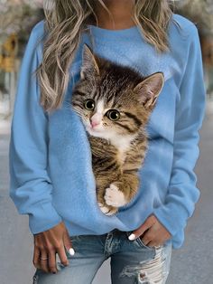 Casual Street Style Women's Cat Print Sweatshirt Pullover Trendy Blue Sweatshirt With Pockets, Casual Spring Sweatshirt With Pockets, Blue Sweatshirt With Pockets For Spring, Fitted Casual Sweatshirt, Fitted Casual Sweatshirt For Spring, Blue Stretch Sweatshirt For Spring, Trendy Fitted Sweatshirt For Spring, Trendy Fitted Spring Sweatshirt, Round Neck Long Sleeve Top