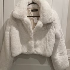 Nwt Akita Snow White Cropped Faux Fur Jacket. Soft And Cozy One Front Closure White Fuzzy Jacket, Puffy White Jacket, Cropped Jacket With Faux Fur Trim For Winter, White Long Sleeve Outerwear With Faux Fur Trim, White Faux Fur Outerwear For Cold Weather, Chic White Cropped Winter Jacket, White Chic Cropped Jacket For Winter, Chic White Cropped Jacket For Winter, White Faux Fur Trim Outerwear