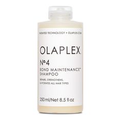 A highly-nourishing and reparative shampoo that leaves hair easier to manage, shinier and healthier with each use. It repairs and protects hair from everyday stresses — including damaged hair, split ends, and frizz — by re-linking broken bonds. N°4 is color-safe and proven to reduce breakage and strengthen all types of hair. PH Balance: 6-6.5 How to Use 1. Apply and massage product throughout hair. 2. Rinse product from hair. 3. Follow with Olaplex N°5 Bond Maintenance Conditioner (sold separate Shampoo Olaplex, Olaplex Products, Olaplex Shampoo, Shampoo For Thinning Hair, Best Shampoos, Damaged Hair Repair, Hair Breakage, Color Treated Hair, Treated Hair