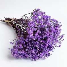 a bunch of purple flowers sitting on top of a white table