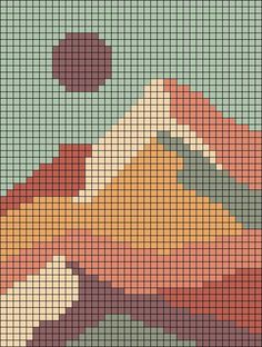 a cross stitch pattern with mountains and clouds in the background, as well as an image of