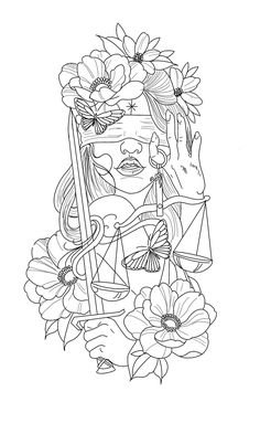 a drawing of a woman with flowers on her head and scales in front of her face