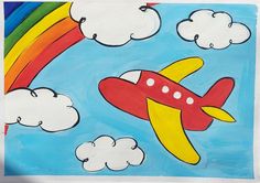 a painting of a red plane with a rainbow in the sky and clouds around it