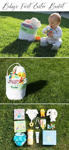 baby's first easter basket is sitting on the grass with its contents laid out