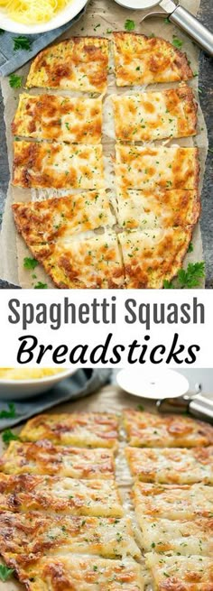 two pictures with different types of food on them and the words spaghetti squash breadsticks