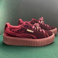 The ' Burgundy ' Fenty Puma X Rihanna Velvet Creeper Features A Complete Maroon Velvet Top With A Sole And Gold Branding Matching Platform. Released In December 2016, Alongside ' Black ' And ' Cement ' Colorways, The Sneaker Dropped In A Three-Pack. (Practically Brand New) Hairstylist Wardrobe, Fenty Puma Creepers, Puma Fenty Shoes, Velvet Creepers, Rihanna Creepers, Fenty Creepers, Puma Creepers, Puma Fenty, Pretty Shoes Sneakers