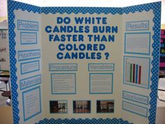 a display board with information about candles and their names on it in a classroom setting