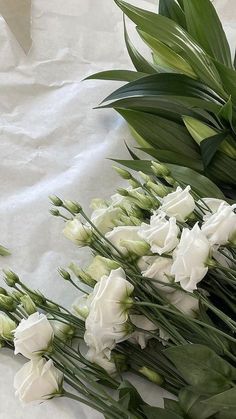 some white flowers and green leaves on a table