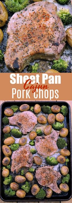 an image of pork chops and broccoli on the grill with text overlay