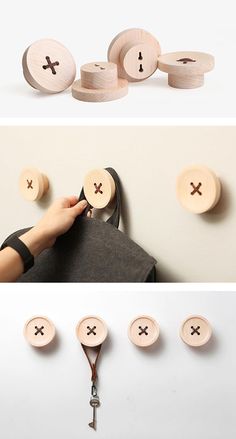 wooden buttons are attached to the wall and hang on hooks, which also have crosses in them