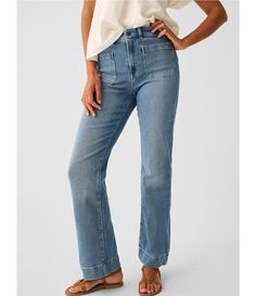 From Faherty&#x2C; these jeans feature: Wide leg silhouetteFront button and zipper closureApprox. 32" inseamMachine wash/tumble dryCotton/rayon/lyocellImported. Patch Pocket Jeans, Everyday Pants, Summer Jeans, Workwear Fashion, Pocket Pants, Pocket Jeans, Wide Leg Jeans, Patch Pocket, Leg Jeans