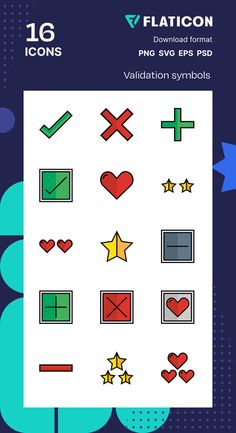 the flat icon pack includes different shapes and sizes, including hearts, crosses, stars, and