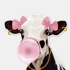 a close up of a cow with a pink bubble in it's mouth and a chain around its neck