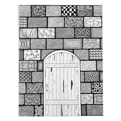 a black and white drawing of a door in a brick wall with lots of different patterns