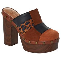 Jessica Simpson Dasally Clog With Rivets - 21033651 | HSN Casual High Heel Chunky Platform Clogs, Brown Casual Platform Slippers, Chic Brown Platform Slippers With Round Toe, Fall Platform Clogs With Block Heel, Trendy Black Clogs For Fall, Trendy Black Fall Clogs, Brown Clogs With Reinforced Heel For Fall, Black Platform Clogs For Fall, Trendy Synthetic Clogs With Wooden Heel