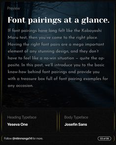 an email message with the words font pairings at a glance on it, in front of a dark forest