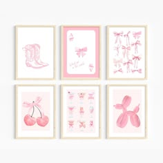 four pink and white framed pictures hanging on the wall