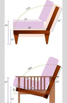 an image of a wooden chair with measurements on the bottom and bottom part of it