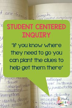 an open book with the words student centered inquiry on it and a green speech bubble