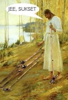 a painting of jesus walking with skis in the woods and an empty speech bubble