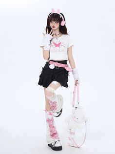 ❤︎❤︎ Kawaii Pink Top, Pink Kawaii Top With Screen Print, Fitted Pink Harajuku Style Tops, Pink Sleeveless Kawaii Top, Pose Mannequin, Cool Bow Ties, Pink Harajuku Graphic Top, Fluffy Skirt, Cute Goth