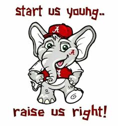 an elephant with a baseball cap on it's head and the words, start us young raise us right