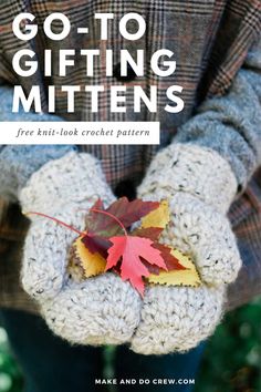 a person holding a leaf in their hands with the text 3 hour mittens