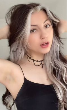 Brunette With White Hair, Hair Styles For Peekaboo Hair, Layered Hair Pulled Back, Top Half Black Bottom Half White Hair, Blond Underdye Hair, Brown With Blond Under Hair, Black And White Peak A Boo Hair, Peekaboo Hair Color Platinum, Malfoys Mom Hair Color