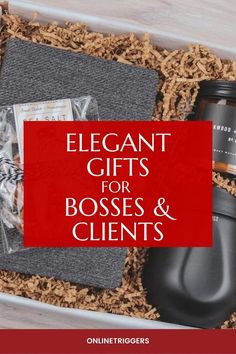 an open gift box filled with personal items and the words elegant gifts for boss's & client's