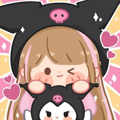 a girl with pig ears holding a black cat in front of her face and hearts around her neck