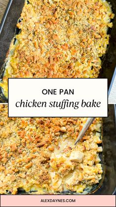 one pan chicken stuffing bake in a baking dish with the title text above it