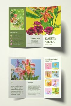 an open brochure with flowers on the front and back pages, in green tones