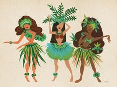 three hula dancers with palm leaves on their heads and arms, one holding a plant