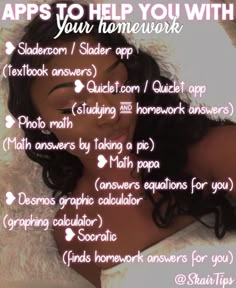 a woman laying on top of a bed covered in white blankets and text that reads apps to help you with your homework