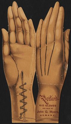 an old advertisement showing two hands with laces on the palm and one hand holding a shoelace