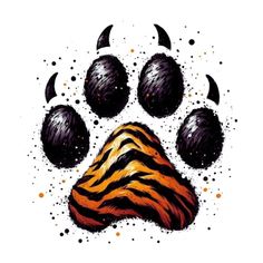 an animal's paw print with black and orange spots on the front of it