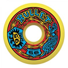 a yellow skateboard wheel with blue and red graphics on the bottom, and an image of a dragon